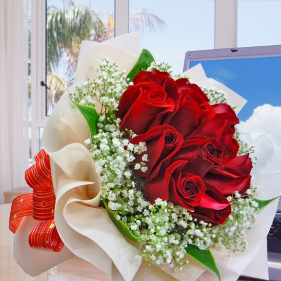 12 Red Roses Posy With Baby Breath