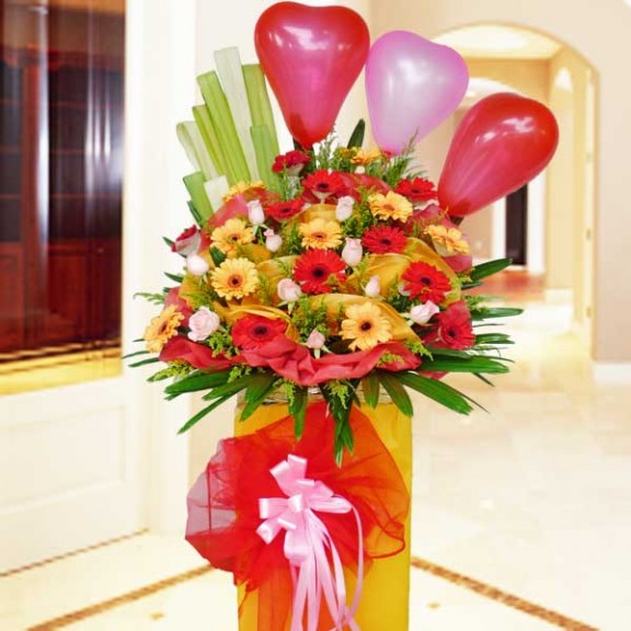 10 Roses & 20 Gerberas Opening Flowers Stand
